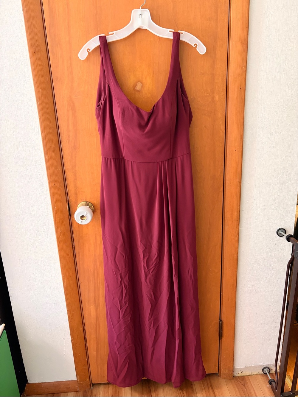 Classic Burgundy Sleeveless Maxi Dress with Draped Neckline